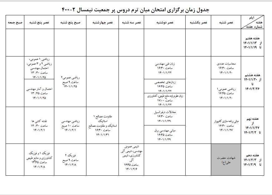 جدول زمان برگزاري امتحانات ميان ترم دروس پرجمعيت نيمسال 4002